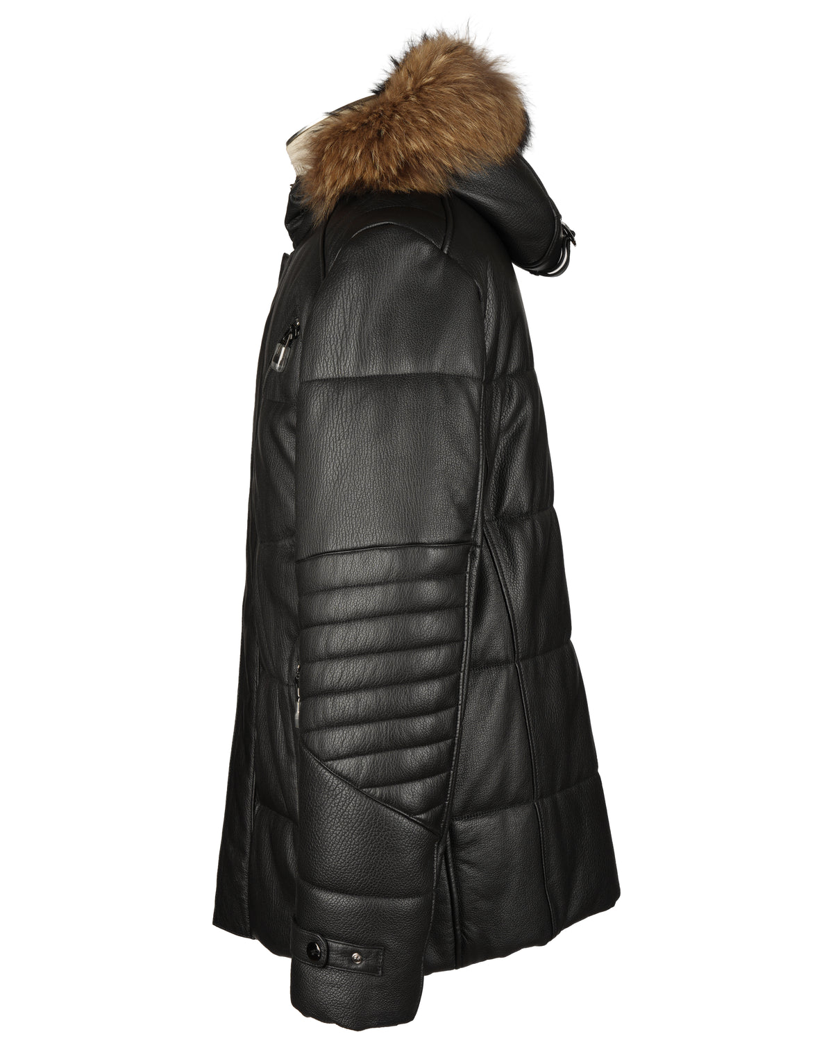 Black Leather Down Stroller With Hood Trimmed With Raccon