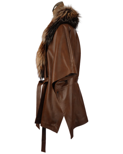 Brown Leather Cape with Belt and Asymmetrical Silver Fox Collar