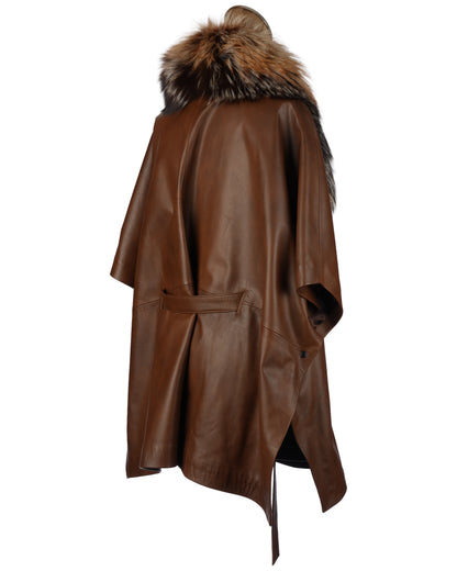 Brown Leather Cape with Belt and Asymmetrical Silver Fox Collar