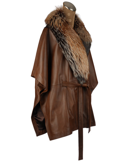 Brown Leather Cape with Belt and Asymmetrical Silver Fox Collar
