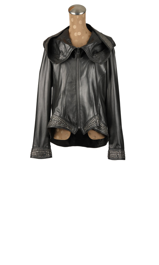 Black Lamb Jacket with Crystal Trim and Hood