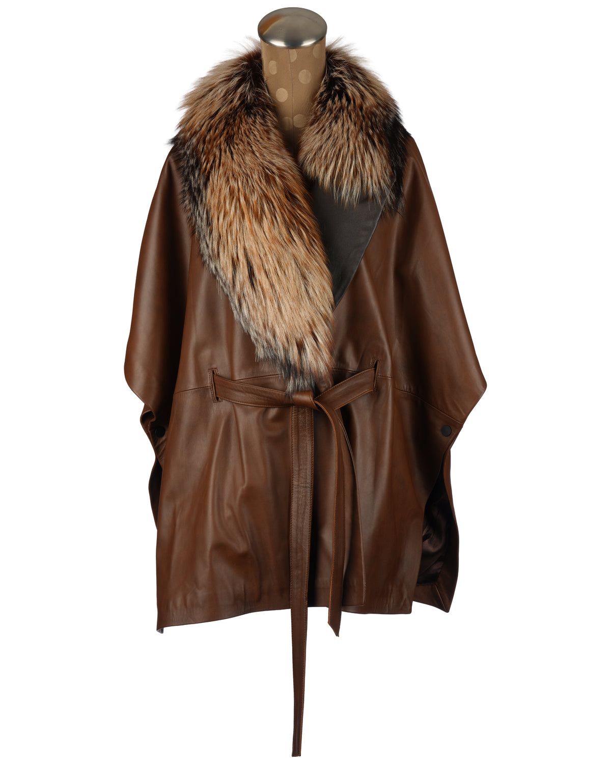 Brown Leather Cape with Belt and Asymmetrical Silver Fox Collar