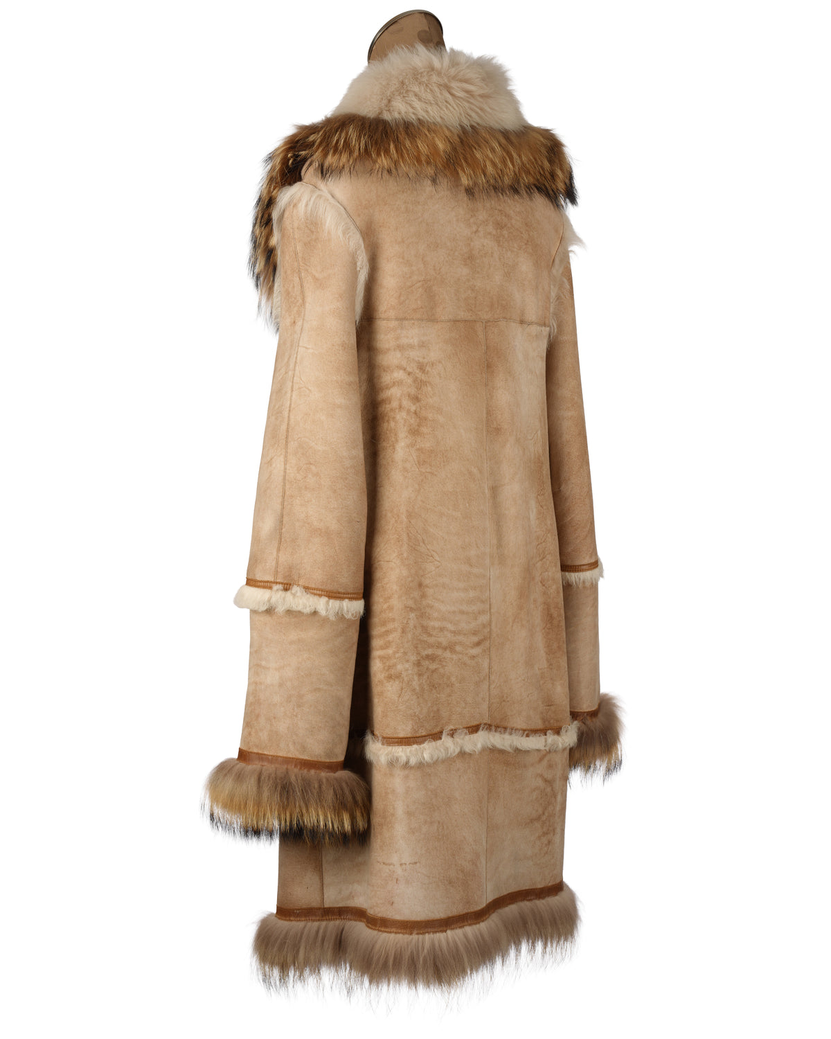 Beige Shearling Coat with Tanuki Trim
