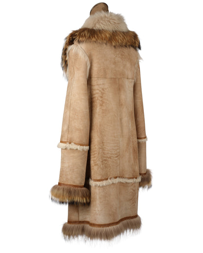 Beige Shearling Coat with Tanuki Trim
