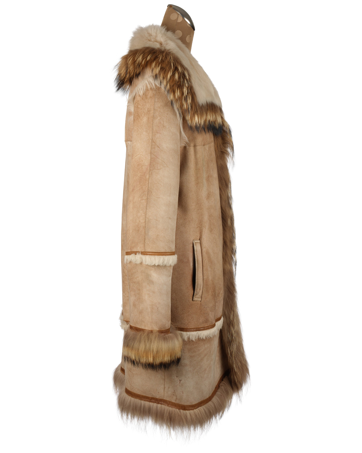 Beige Shearling Coat with Tanuki Trim