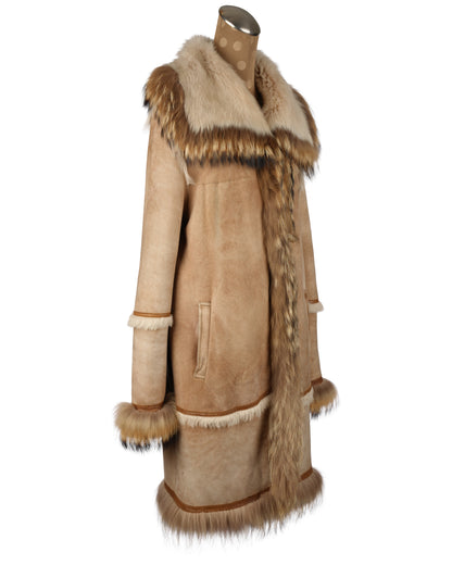 Beige Shearling Coat with Tanuki Trim