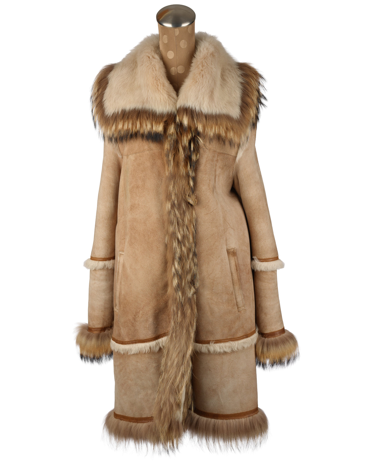 Beige Shearling Coat with Tanuki Trim