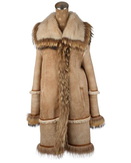 Beige Shearling Coat with Tanuki Trim