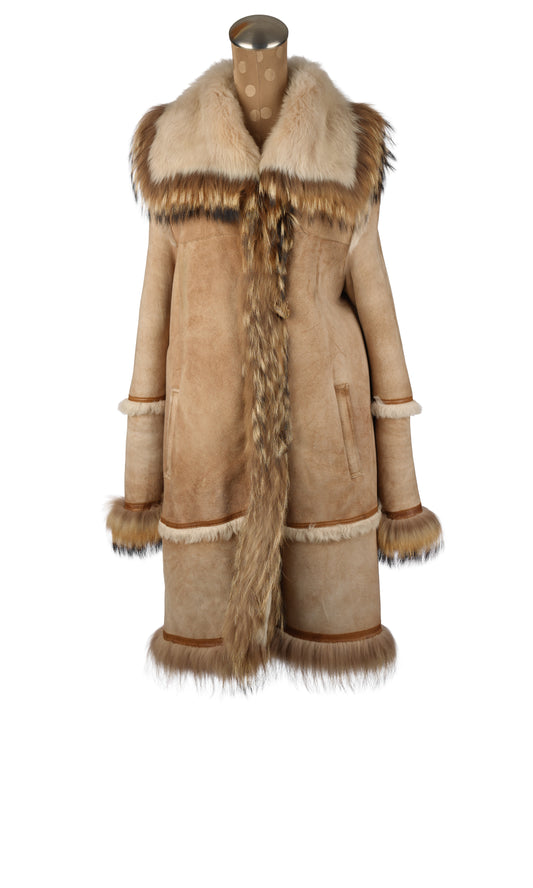 Beige Shearling Coat with Tanuki Trim