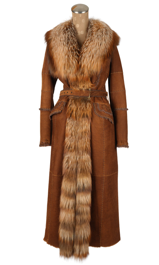 Long Brown Shearling Coat with Belt and Dyed Brown Silver Fox Collar and Trim