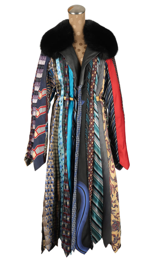 Silk Tie Coat with Fox Collar