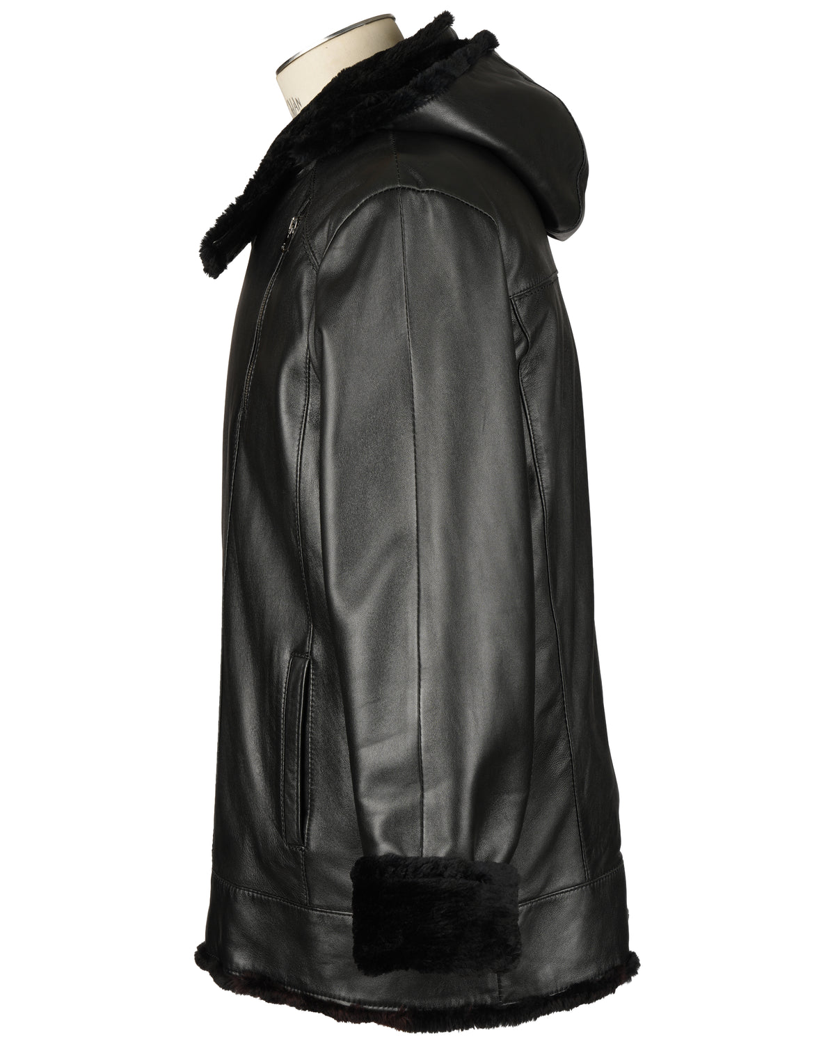 Black Leather Jacket Lined With Sheared Beaver With Hood Trimmed With Raccon Button