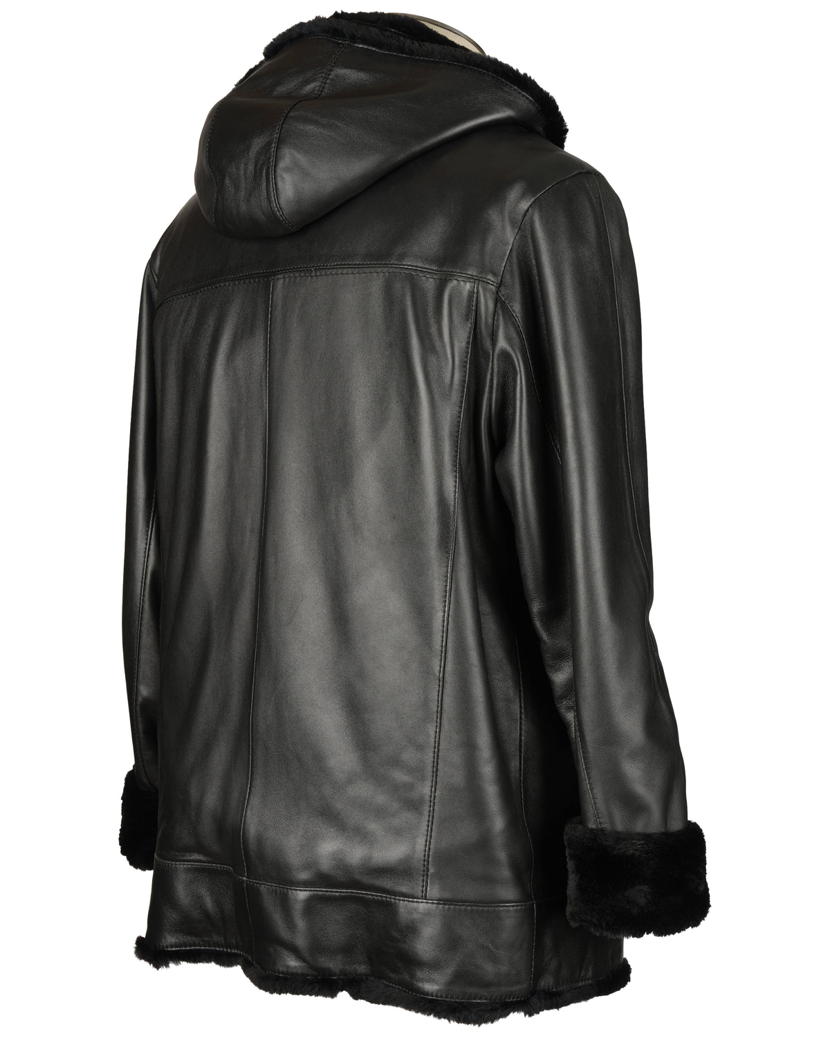 Black Leather Jacket Lined With Sheared Beaver With Hood Trimmed With Raccon Button