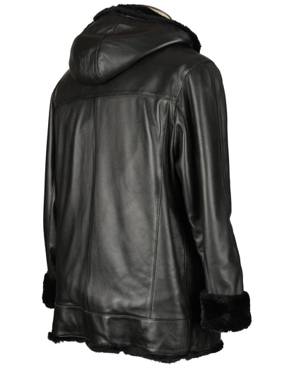 Black Leather Jacket Lined With Sheared Beaver With Hood Trimmed With Raccon Button