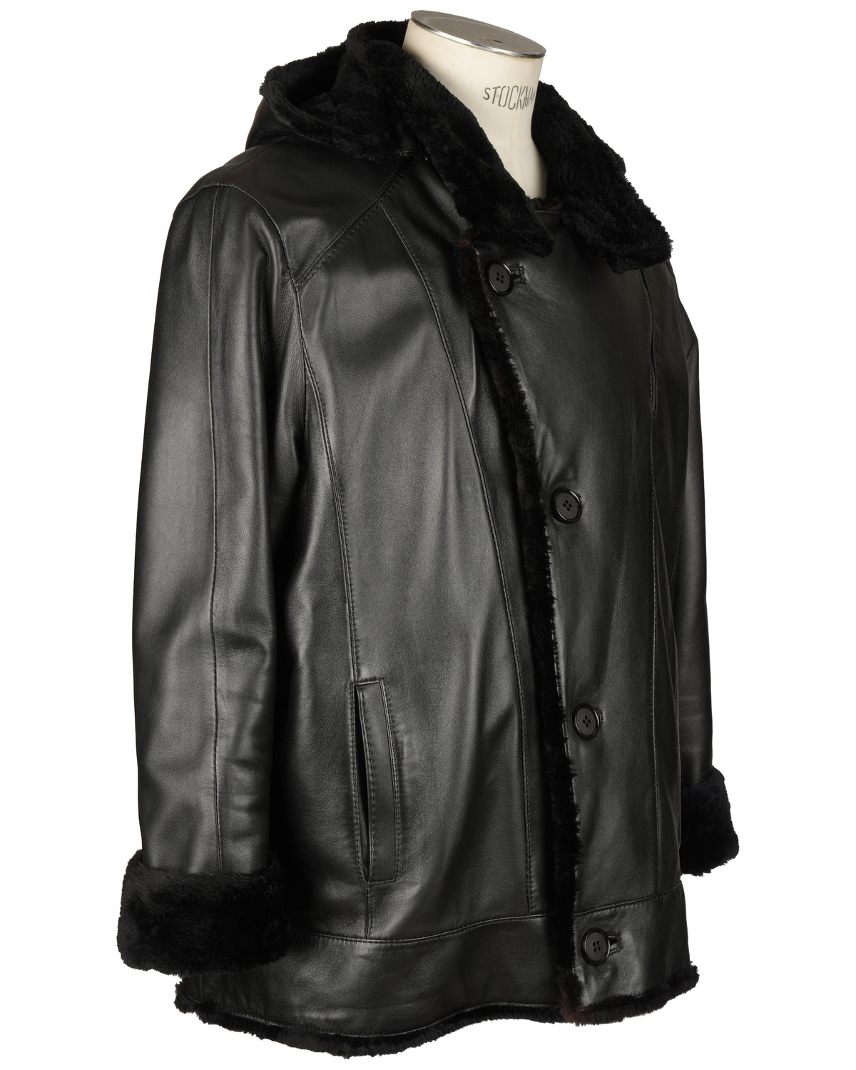 Black Leather Jacket Lined With Sheared Beaver With Hood Trimmed With Raccon Button