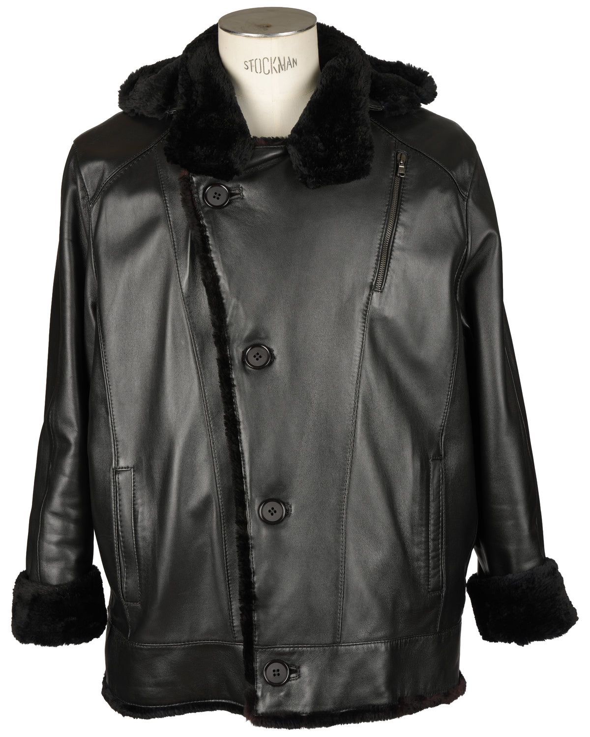 Black Leather Jacket Lined With Sheared Beaver With Hood Trimmed With Raccon Button