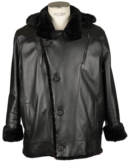 Black Leather Jacket Lined With Sheared Beaver With Hood Trimmed With Raccon Button