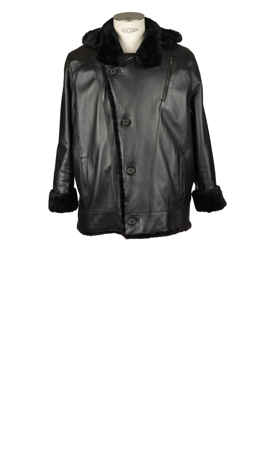Black Leather Jacket Lined With Sheared Beaver With Hood Trimmed With Raccon Button