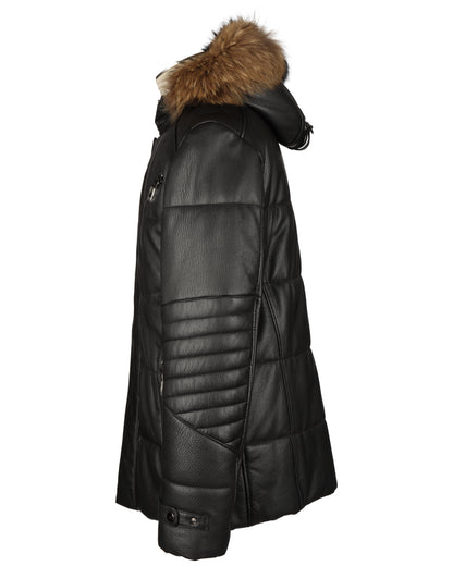Black Leather Down Stroller With  Hood Trimmed With Raccon