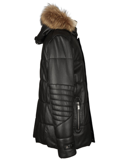 Black Leather Down Stroller With  Hood Trimmed With Raccon