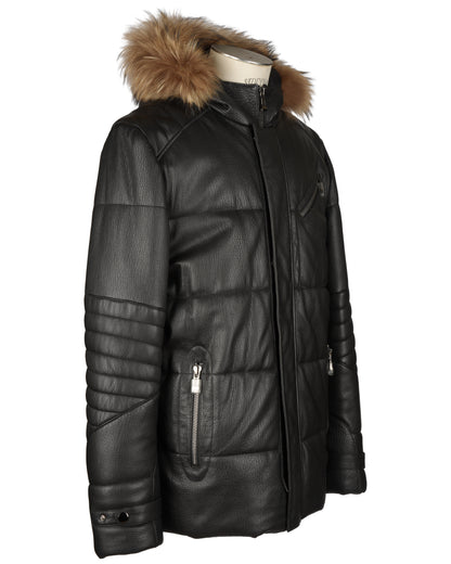 Black Leather Down Stroller With  Hood Trimmed With Raccon