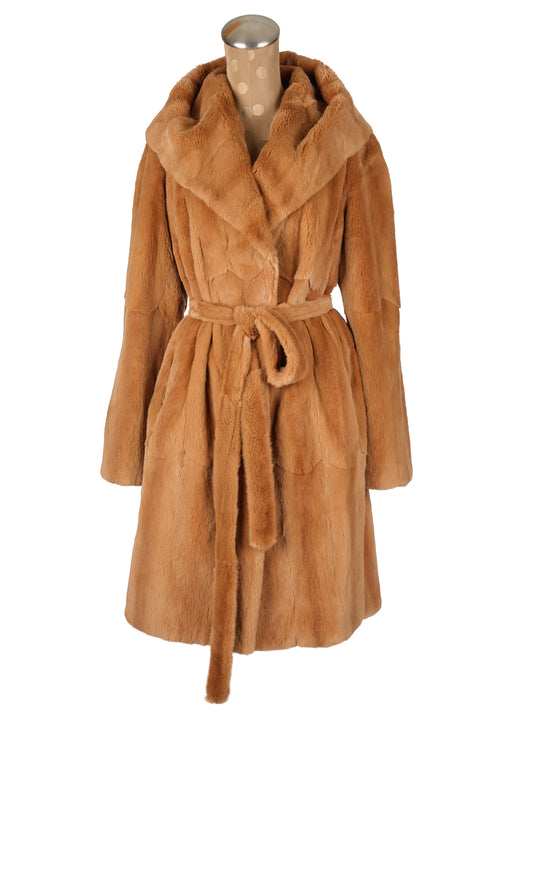 Cognac Plucked Mink Coat with Belt and Hood