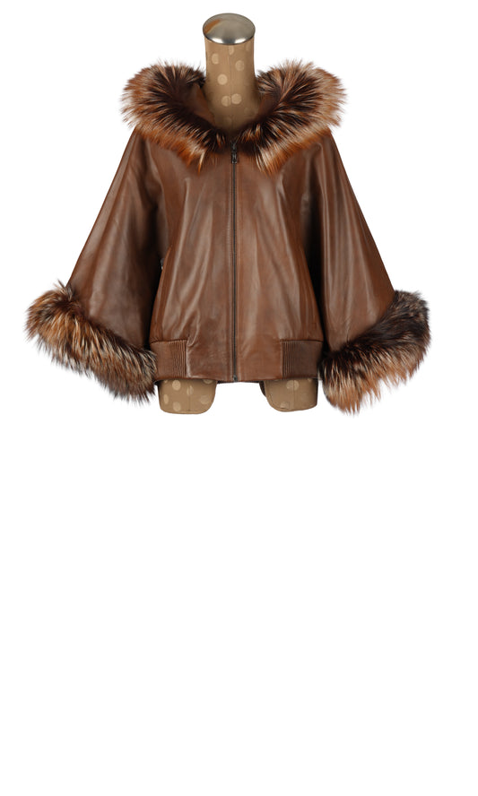 Brown Short Jacket with Hood and Silver Fox Trim
