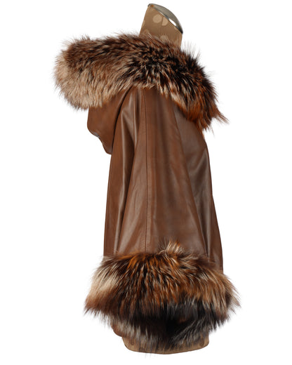 Brown Short Jacket with Hood and Silver Fox Trim