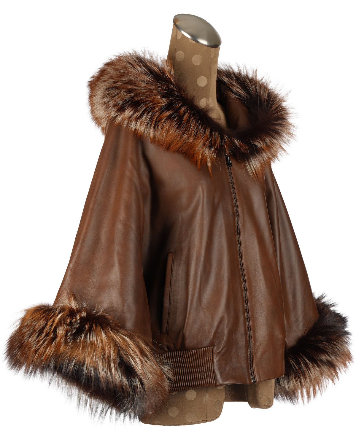 Brown Short Jacket with Hood and Silver Fox Trim