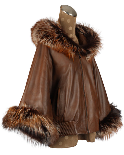 Brown Short Jacket with Hood and Silver Fox Trim