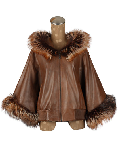 Brown Short Jacket with Hood and Silver Fox Trim
