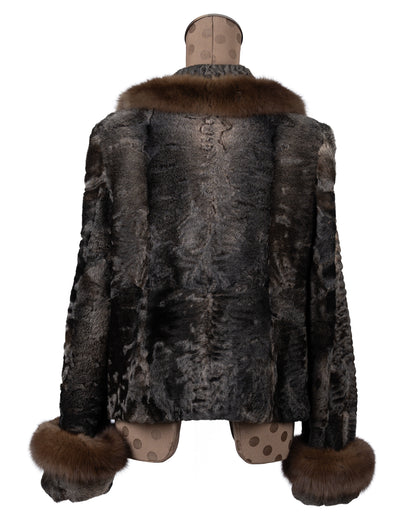 Brown/Grey Swakara Short Jacket with Russian Collar