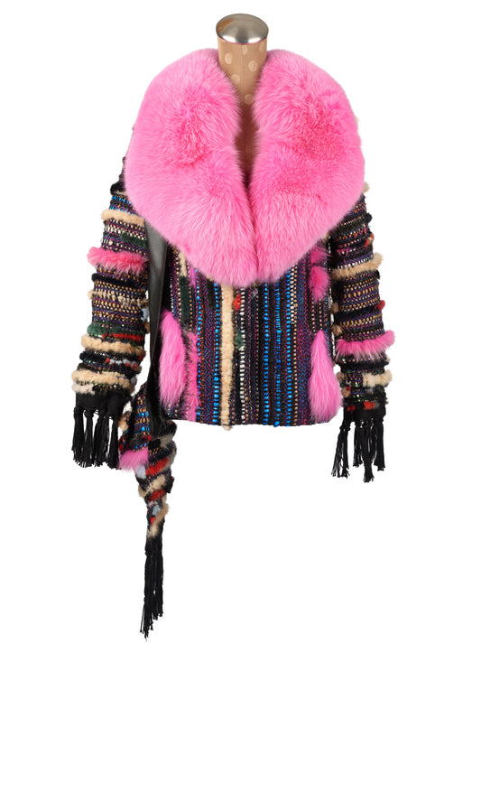 Limited Edition Woven Recycled Jacket with Pink Dyed Blue Fox Collar and Matching Purse