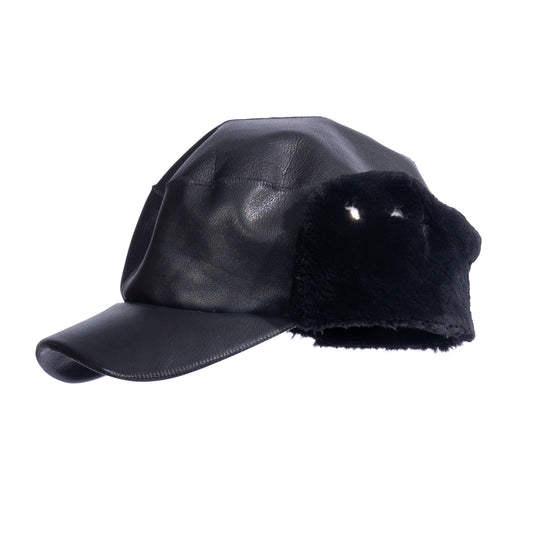 Black Leather Cap w Black Sheared Beaver trim